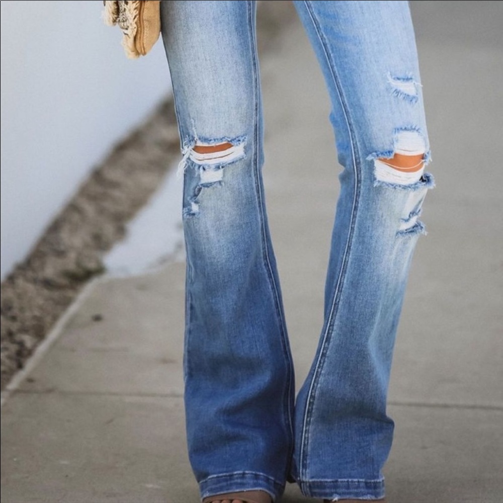 New High Rise Distressed Denim Jeans Wide Leg Bell Bottom Pants - Picture 2 of 8